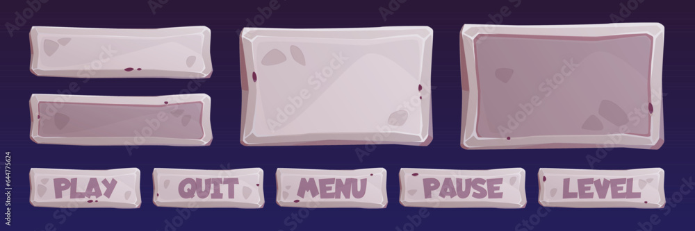 Poster rock frame ui board button, stone texture game interface cartoon vector set. medieval gui plate icon