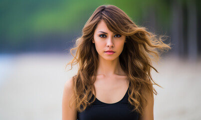 Fototapeta premium Seaside Elegance: Portrait of a Radiant Young Woman