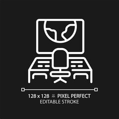 Mission control pixel perfect white linear icon for dark theme. Space ship. Spacecraft cabin. Monitoring center. Command post. Thin line illustration. Isolated symbol for night mode. Editable stroke
