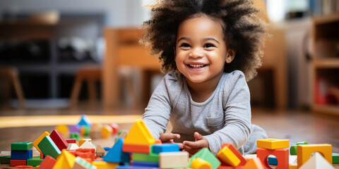Curiosity in color: Young Black child engaging with vibrant wooden play blocks. - obrazy, fototapety, plakaty