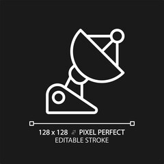 Parabolic dish pixel perfect white linear icon for dark theme. Radio telescope. Microwave antenna. Communication technology. Thin line illustration. Isolated symbol for night mode. Editable stroke