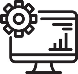 Black thin line art Cogwheel with Bar Graph in Monitor Screen icon.