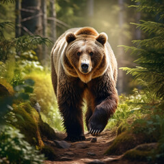 A brown bear walks along a forest path