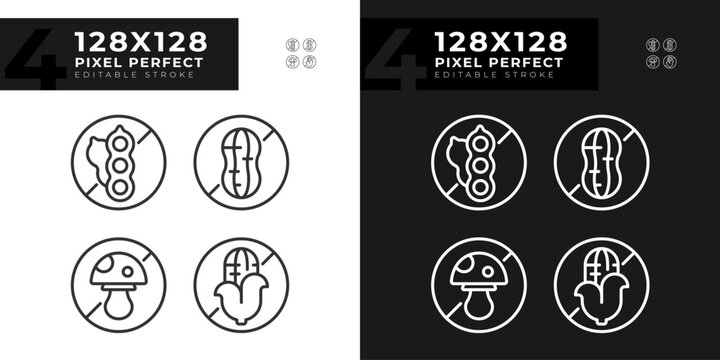 2D pixel perfect set of dark and light icons representing allergen free, editable thin line illustration.