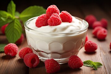 fresh tasty yogurt in glass with raspberry fruit