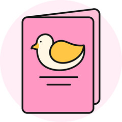Cartoon duck on card icon in pink color.