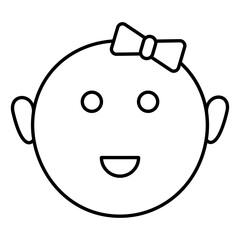 Cartoon baby girl face icon in line art.