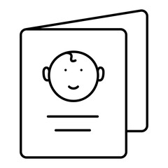 Baby face on card icon in line art.