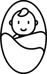 Black line art illustration of Newborn baby in sleeping bag icon.