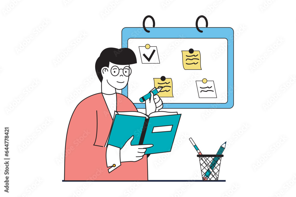 Poster productivity workplace concept with people scene in flat web design. man does tasks and notes at pre