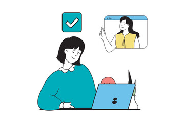 Productivity workplace concept with people scene in flat web design. Woman briefing colleague and discussing tasks at video calling. Vector illustration for social media banner, marketing material.