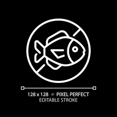 2D pixel perfect editable white fish free icon, isolated vector, thin line illustration representing allergen free.