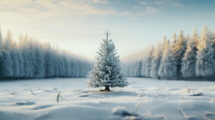 Fir tree in winter forest, covered fresh snow at frosty Christmas day. Beautiful winter landscape.