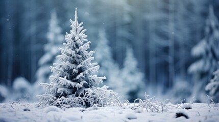 Fir tree in winter forest, covered fresh snow at frosty Christmas day. Beautiful winter landscape.