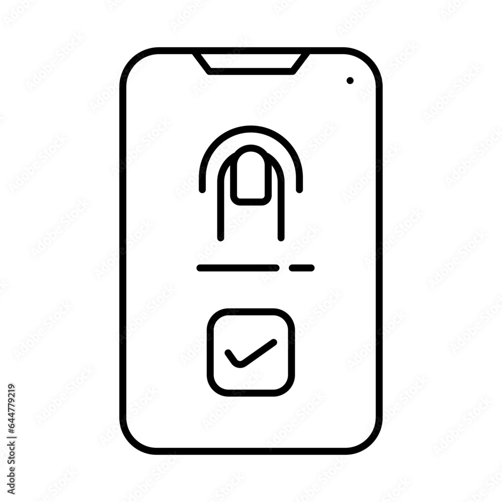 Poster thin line art check or confirm fingerprint password in smartphone icon or symbol.