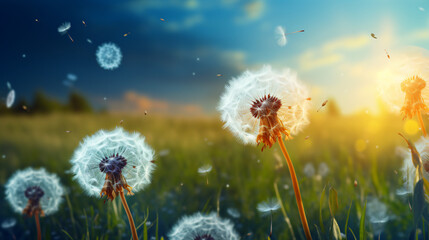 Dandelion flowers with fluffy seeds