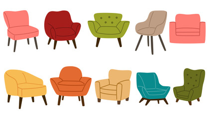 Armchair set. Trendy comfortable chairs. Furniture for home and living room. Soft furniture, luxury sofa. Hand drawn vector doodle elements