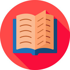 Open book icon on red round background.