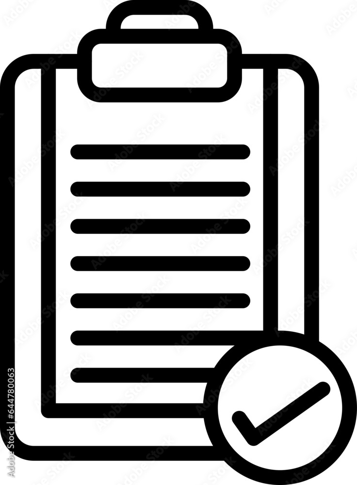 Poster clipboard with check mark sign in flat style. black line art icon or symbol.