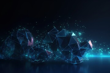 Abstract background, futuristic technology with polygonal shapes, particle grid, computerised geometric digital communication structure. AI generation