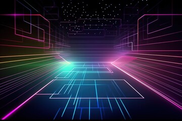 Naklejka premium Abstract background features neon lines, laser show, and pulsating elements, with diagrams and equalizers adding to the overall virtual reality experience. AI generated.