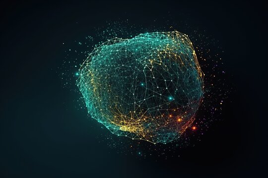 Abstract background, futuristic technology with polygonal shapes, particle grid, computerised geometric digital communication structure. AI generation