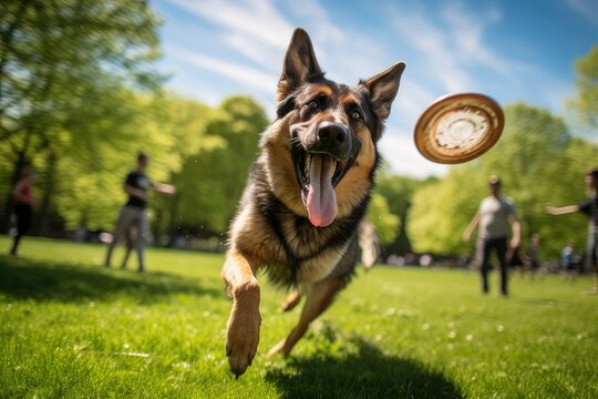 German Shepherd Dog Chasing a Frisbee in a Park