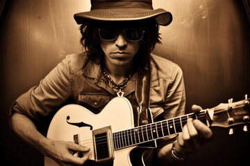 Obraz premium Photo of sepia man with guitar.