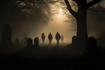 The faint outlines of individuals meander through a fog-enveloped cemetery, resembling the whispers of days gone by