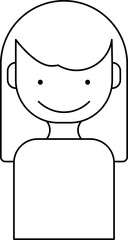 Smiley Girl Character Icon in Black Line Art.
