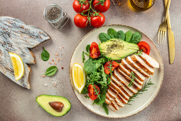 juicy chicken breast grilled with vegetables, Ketogenic diet. Low carb high fat breakfast. Healthy food concept. place for text, top view