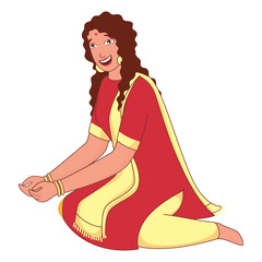 Cartoon Character of Cheerful Indian Girl Sitting in Stylish Pose.