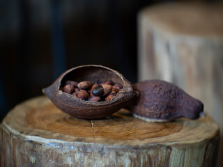 Cocoa fruits and raw cocoa beans on the table