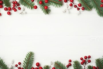 Christmas frame made of fir branches, red berries. Christmas wallpaper. Flat lay, top view, copy space. generative ai.
