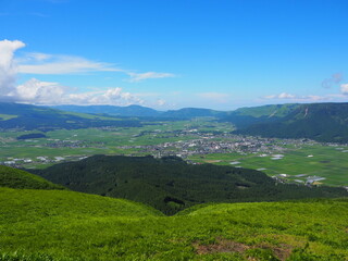 The Five Peaks of Aso, as seen from Daikanbo, are said to resemble a Buddha lying down
