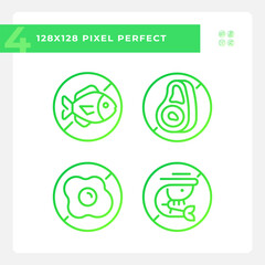 Pixel perfect gradient icons set representing allergen free, green thin line illustration.