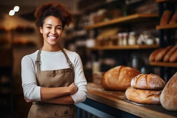 Gordijnen Woman baker smiling holding pastries in bakery. © VIK