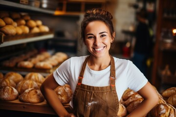 Woman baker smiling holding pastries in bakery.