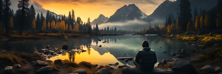 A lone figure sits on the shore of a misty lake, watching the flaming sunset. The snow-capped mountains in the background are reflected in the still water, creating a scene of tranquil beauty
