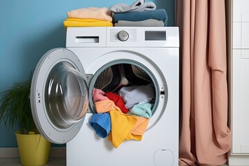 Laundry room interior with washing machine and pile of colorful clothes