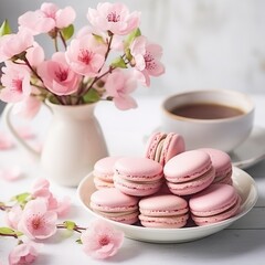 Fototapeta na wymiar pink macarons. pink flowers in a vase. morning vibe. dessert. background. food. wallpaper. pastel shades
