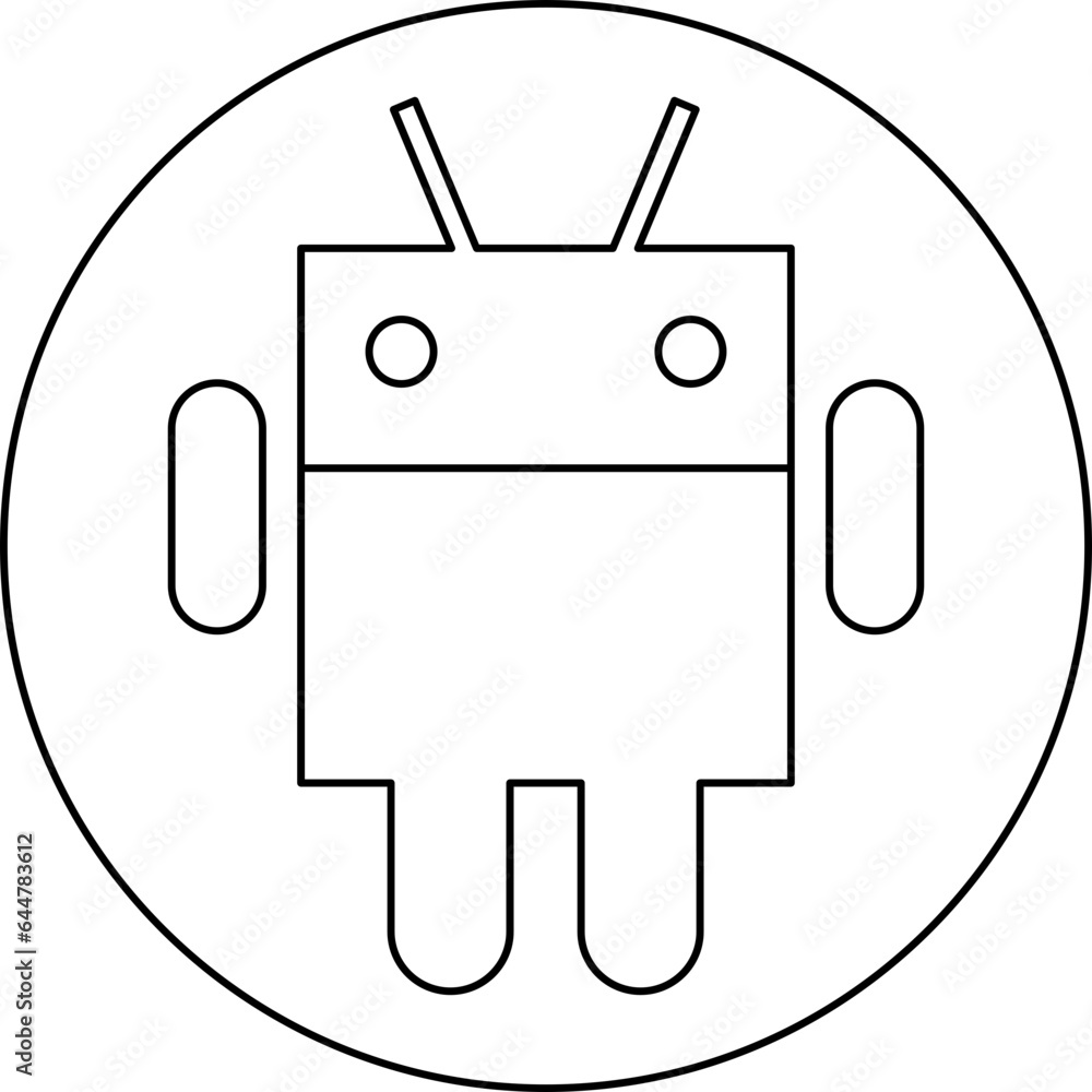 Poster line art android robot icon on circle background.