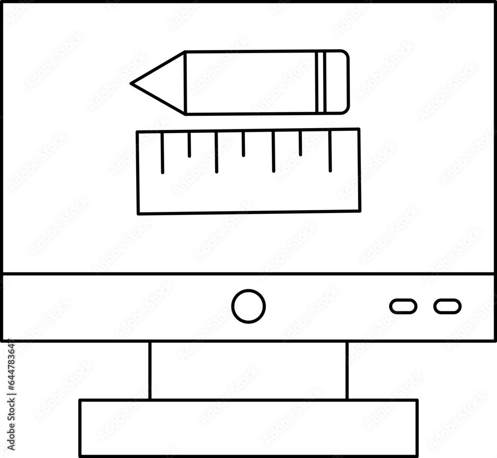 Poster pencil with ruler scale in monitor screen icon in line art.