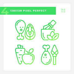 2D pixel perfect simple collection of gradient icons representing allergen free, green thin linear illustration.