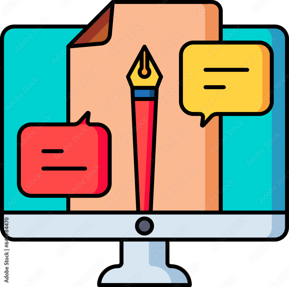 Poster edit or copyright message app in computer icon in flat style.