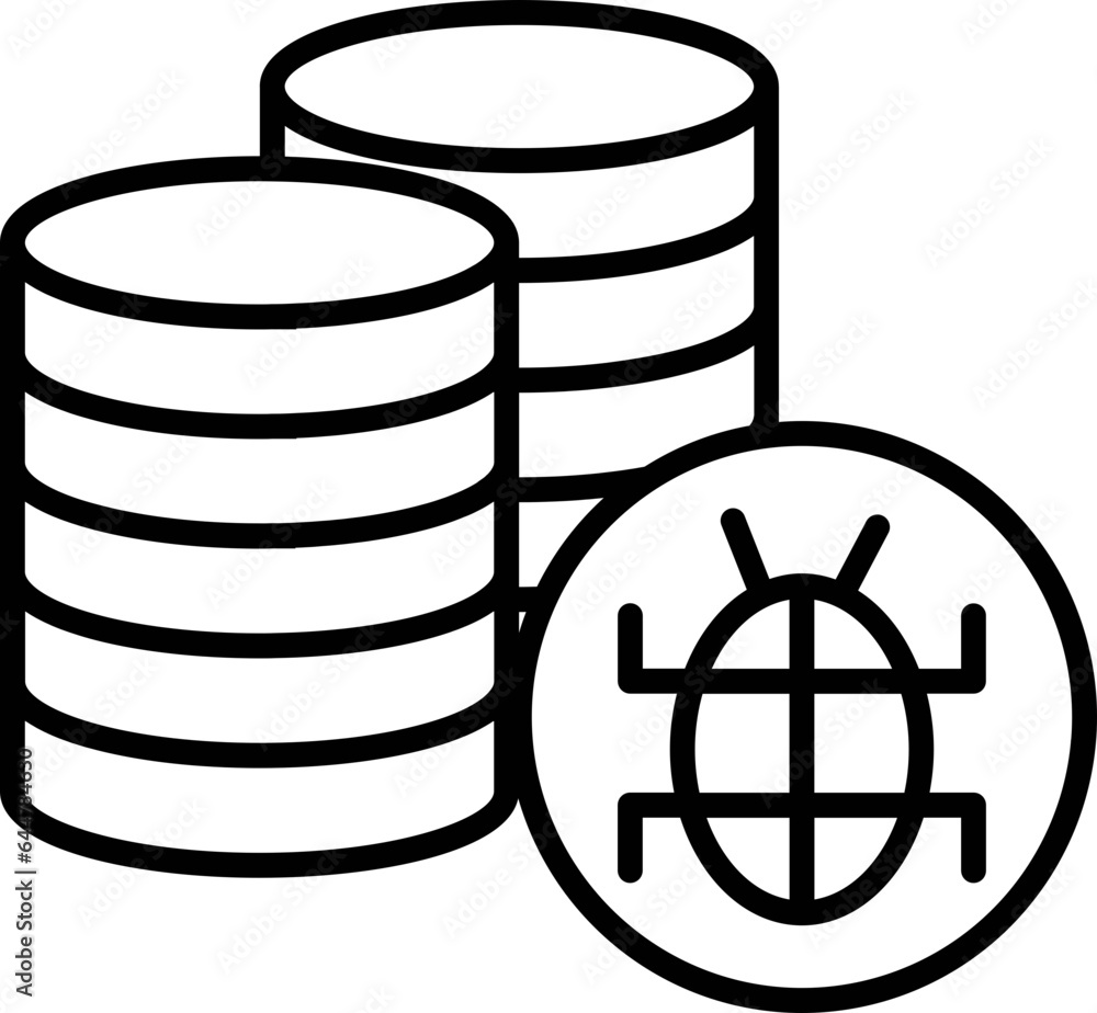 Poster line art database server with virus icon in flat style.