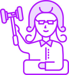 Woman judge icon in purple and white color.