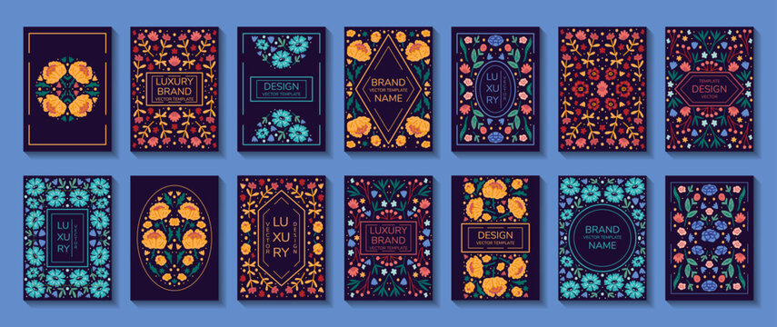 Vector set of luxury floral patterns, invitation cards, banners with doodles floral with roses, leaves, floral bouquets, flower compositions. Notebook covers design. Package for perfume, jewelry