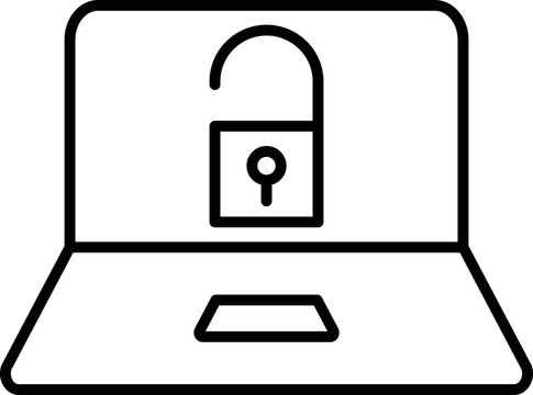 Lock open in laptop screen icon in black line art.