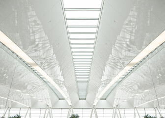 Roof of a white big hall. Symmetric wide angle view at white ceiling with rows of  glass windows.